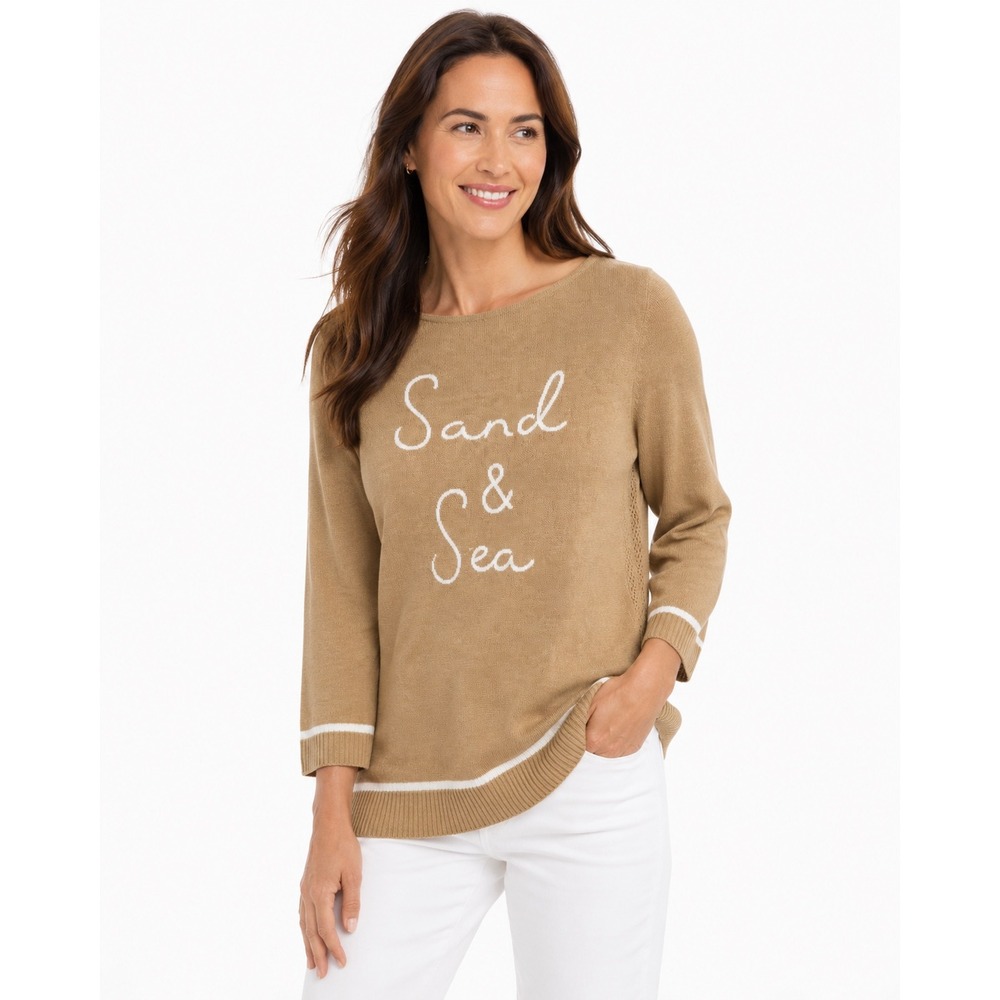 J. Jill Sand & Sea Linen Sweater Tan Long Sleeve Crochet Side Knit Top Medium